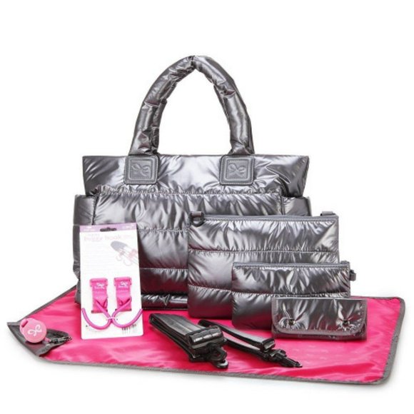 NWT CIPU 7 PIECE PUFFER PARENT BAG IN DARK SILVER & PINK INTERIOR.  OS - Picture 1 of 9